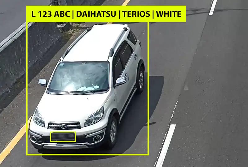 White car on a road with yellow bounding boxes around the vehicle and license plate, accompanied by an identification label.