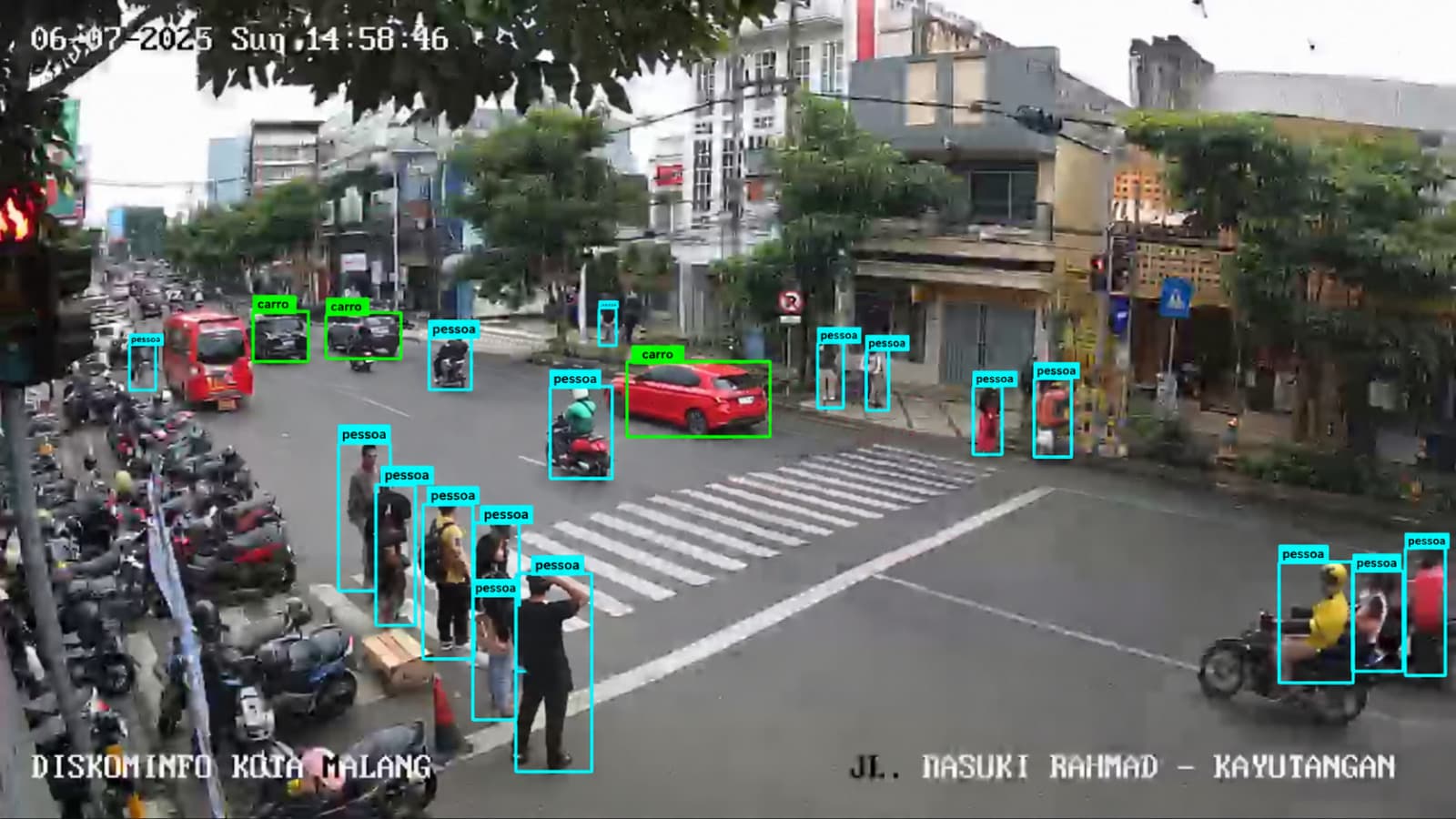 Street scene with pedestrians and vehicles, showing cyan boxes for people and green boxes for cars with class labels.